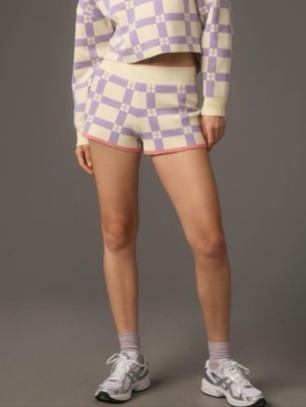 Anthropologie Daily Practice Cream & Purple Check Sweater Shorts Women's Medium - Picture 1 of 10